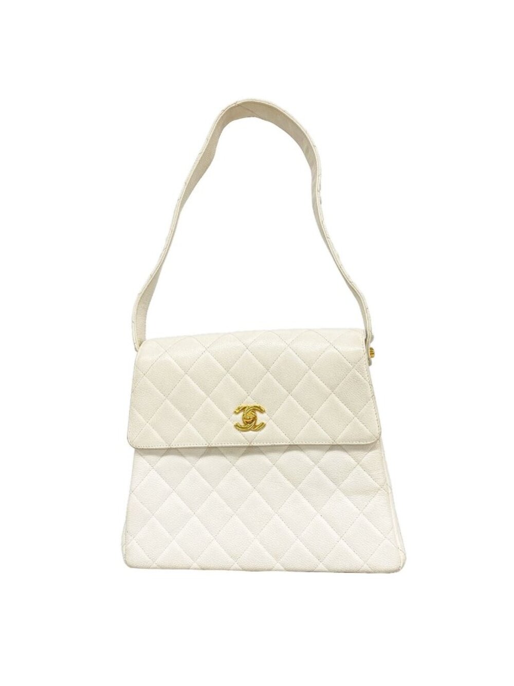 Chanel Shoulder Bag Quilted Caviar Leather White Gold